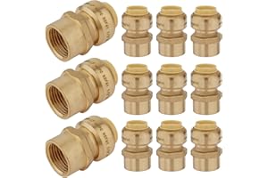 12-Pack HeSun Pushfit Female Adapter, 1/2" FNPT x 1/2" Push to Connect Plumbing Fittings with Disconnect Clip, Brass Push-fit Fittings for PEX, Copper, CPVC, PE-RT Pipes(PF030-12)