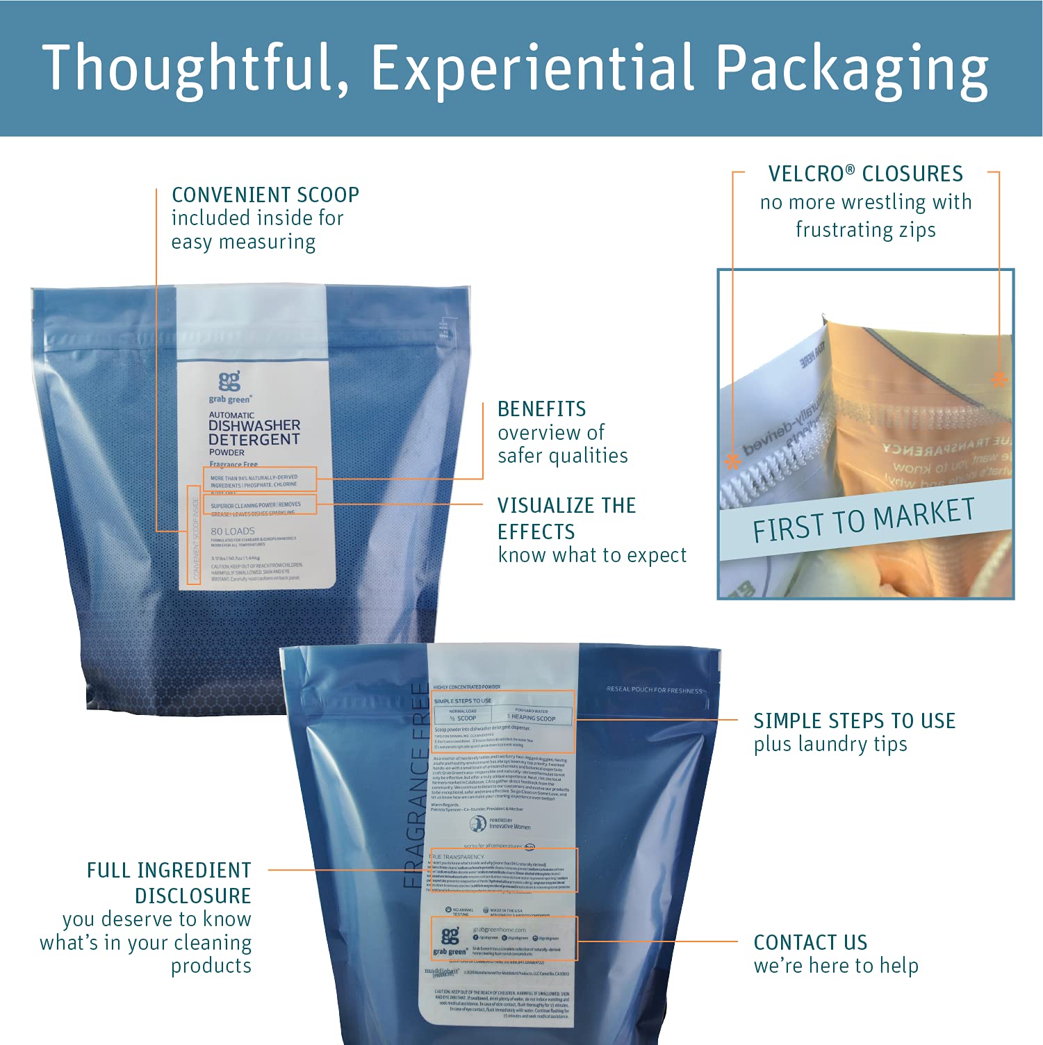 Grab Green Automatic Dishwashing Detergent Powder 3.17 lbs, 80 Loads, Fragrance Free, Plant and Mineral Based, Superior Cleaning, Powerful Grease Removal, Brilliant Shine