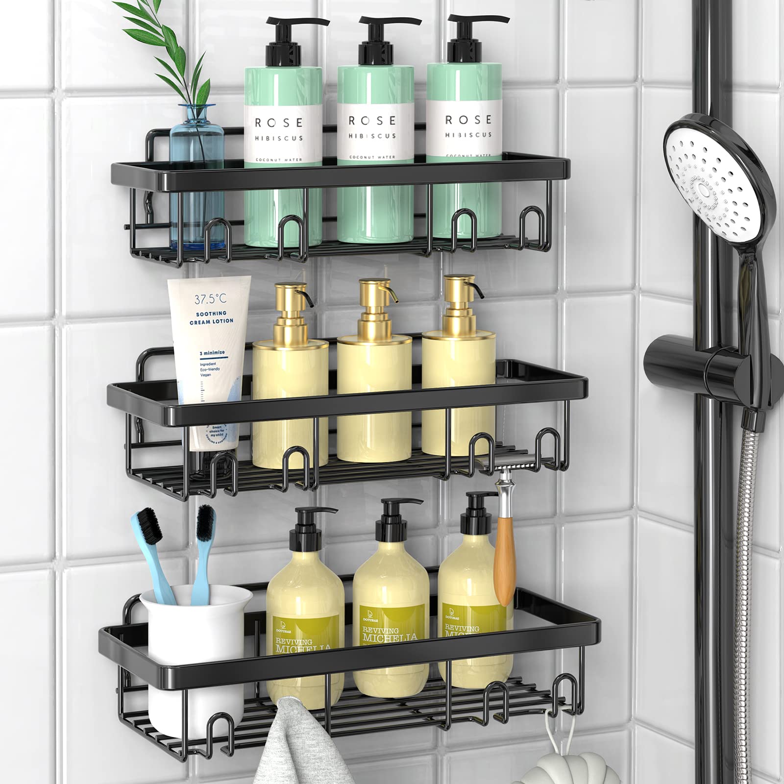 Photo 1 of Cusbus Shower Caddy, 3 Pack Organizer, Adhesive No Drilling Traceless Shelves, Rustproof SUS304 Stainless Steel Bathroom Shelf for Inside & Kitchen Storage (Black)