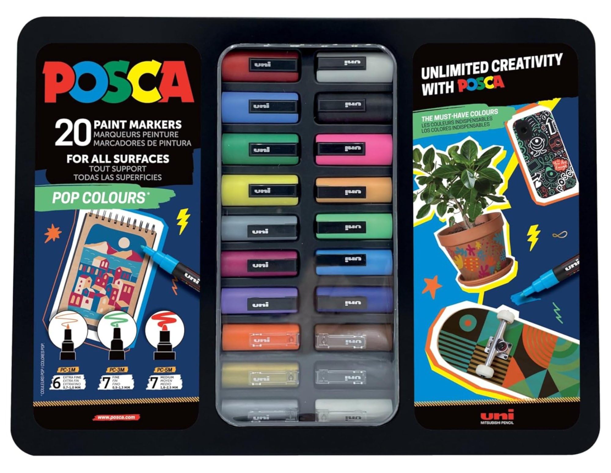 Uni-Ball 186832 - POSCA Marker Set, 20 Acrylic Pens in Case, Pop Colours Marker Set, Point PWE5M 1.8-2.5 mm