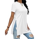 Remidoo Side Slit Tees for Women Tunic Tops Crewneck Long T Shirt Loose Fit Short Sleeve Tee