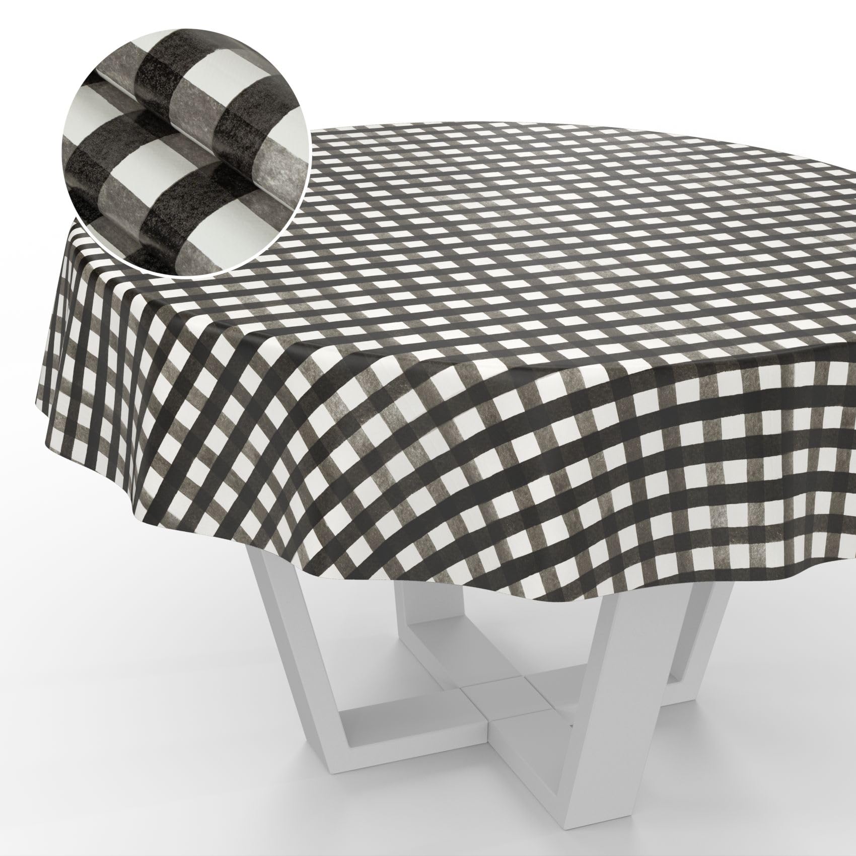 ANRO Oilcloth Tablecloth, Washable, Oilcloth, Garden Tablecloth, Outdoor, Indoor, Round, 140 cm, Cut Edge, Chequered, Black