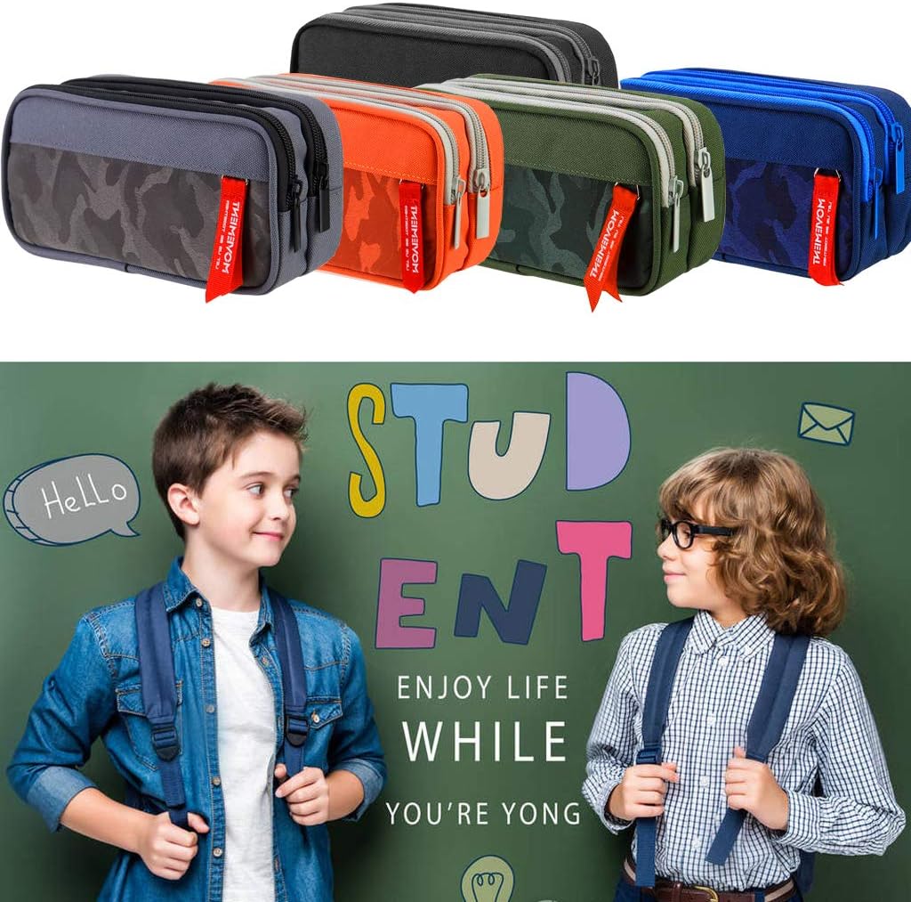 TOYESS Large Pencil Case for Boys and Girls Lightweight Triple Pockets Pencil Cases with Big Compartments for School Stationary Camouflage Blue - Image 3