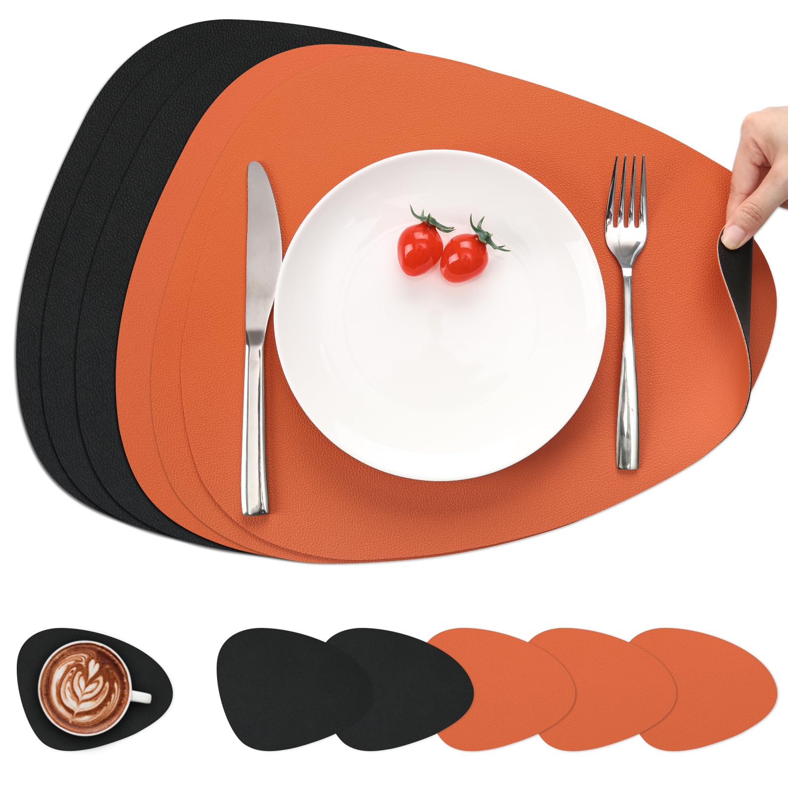 Myir JUN Leather Table Mats and Coasters, Placemat Round PU Waterproof Dual-Sided Kitchen Place Mats Coffee Mats Non-Slip Washable Placemats and Coaster Sets 6 (Set of 6, Black Orange)