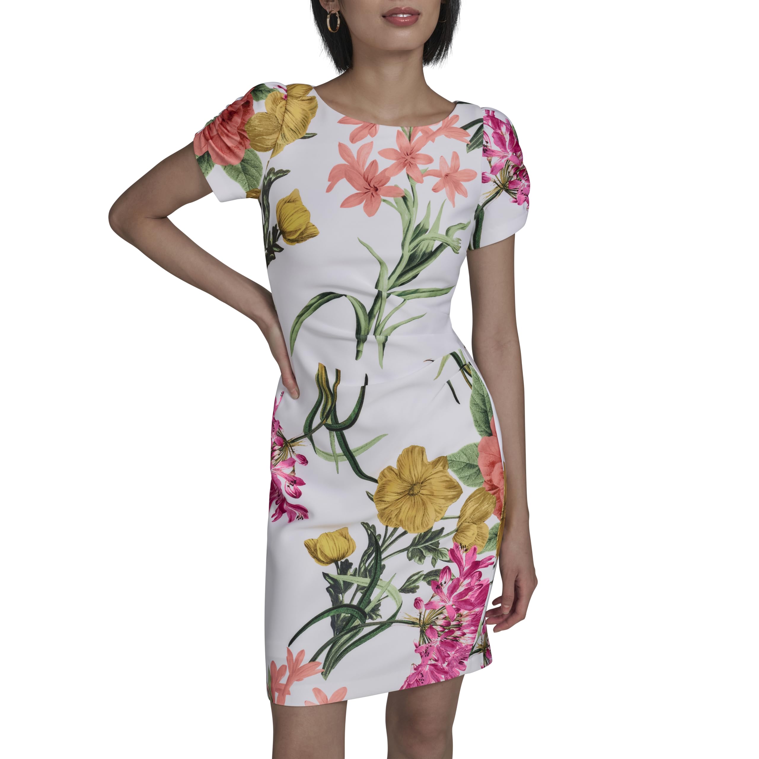 KARL LAGERFELD Paris Women’s Short Ruched Sleeve Jewel Neck Sheath Mini Dress, Soft White/Camelia Combo, 16