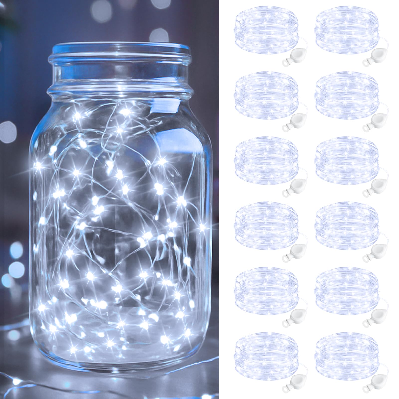 Photo 1 of btfarm 12 Pack Fairy Lights Battery Operated, 7FT 20 LED Mini String Lights Waterproof Silver Wire for Mason Jars Centerpiece Table Crafts Bedroom Christmas Decoration, Cool White