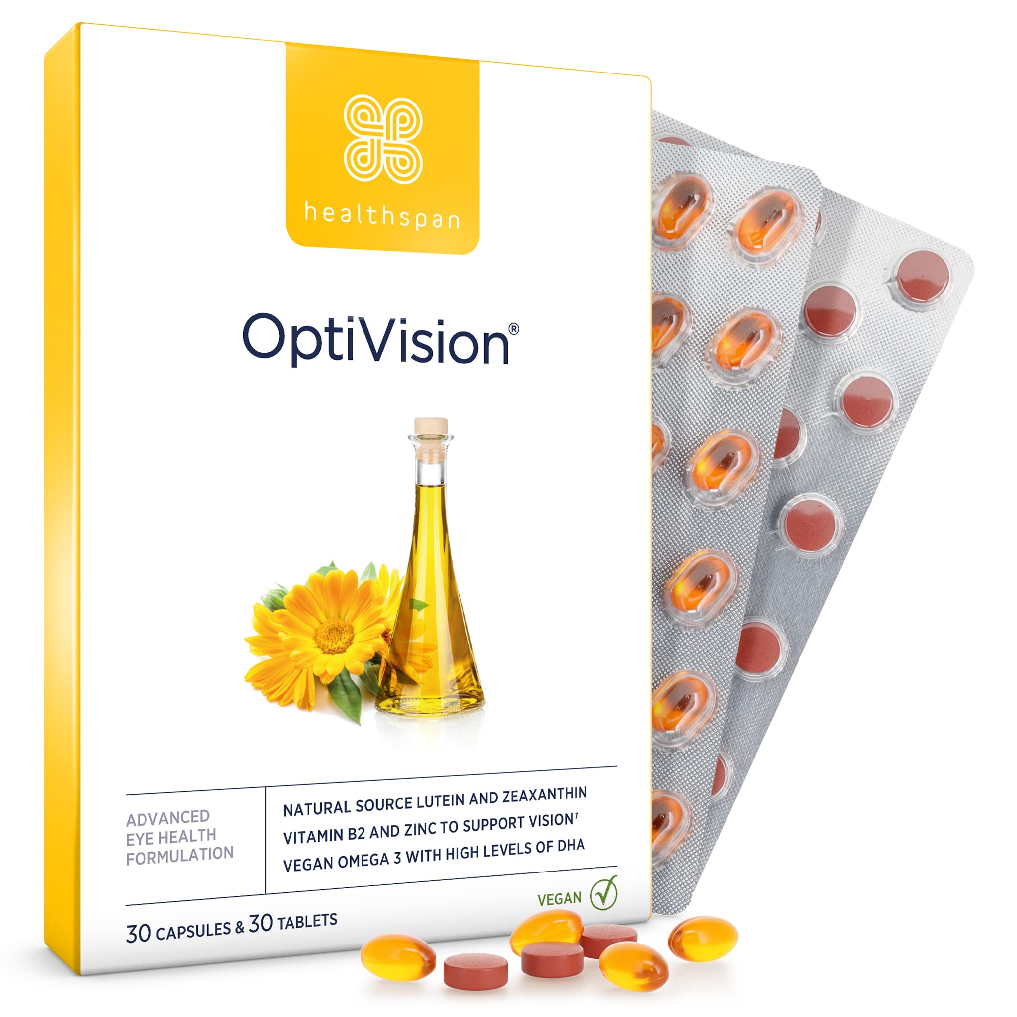 Healthspan OptiVision (1 Month Supply) | Vegan Omega 3 with high Levels of DHA | with Vitamins B2 & zinc to Support Vision | Vegan