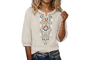 Womens Embroidered Linen Shirts 3/4 Sleeve Boho Mexican Peasant Tops Plus Size Gauze Tunic Casual Summer Blouses