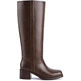 Gothictor Women's Banana Knee High Boots Square Toe Chunky Block Heel Comfortable Low Heel Pull on Wide Calf Riding Long Boots for Women