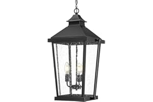 zeyu 23.5'' Outdoor Pendant Light, 3-Light Large Outdoor Hanging Light Fixture for House Garden, Die-Cast Aluminum in Seeded Glass, Black Finish, ZW105H-L BK