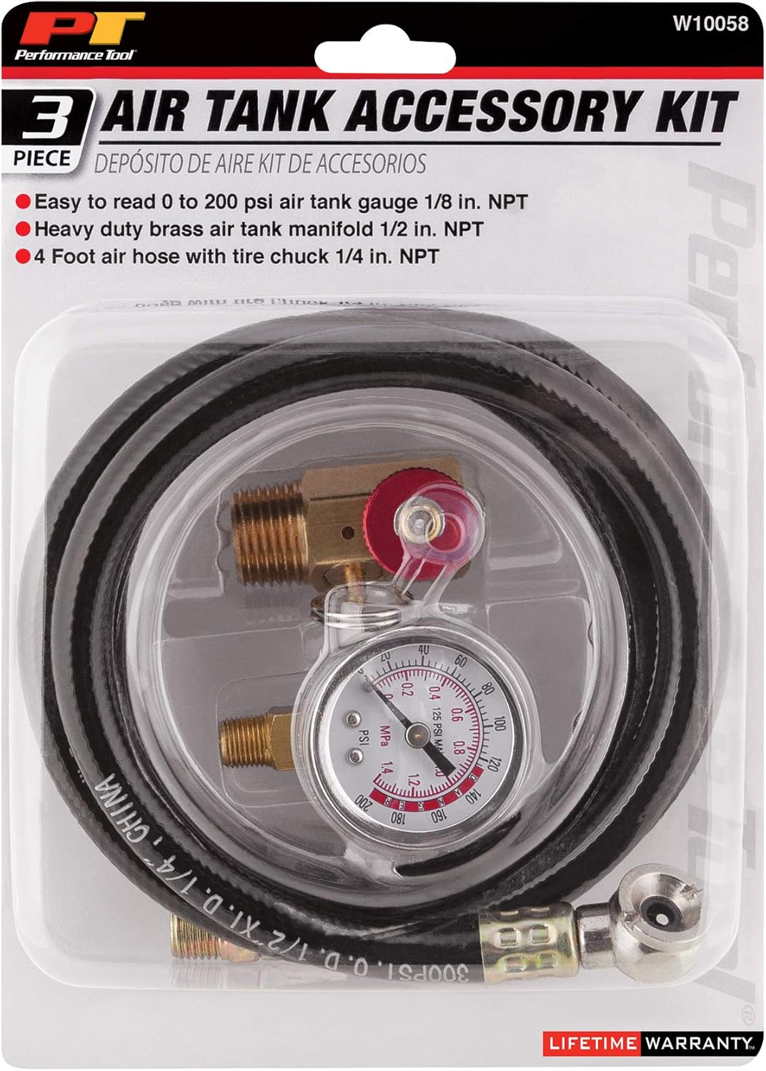 Performance Tool W10058 Air Tank Repair Kit | Manifold Upgraded Metal Shutoff Valve | 0-200 PSI Air Gauge | 4' Air Hose with Tire Chuck: Automotive