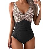 Eomenie Women's One Piece Swimsuits Tummy Control Ruched Push Up Bathing Suit Slimming Tie Back Swimwear