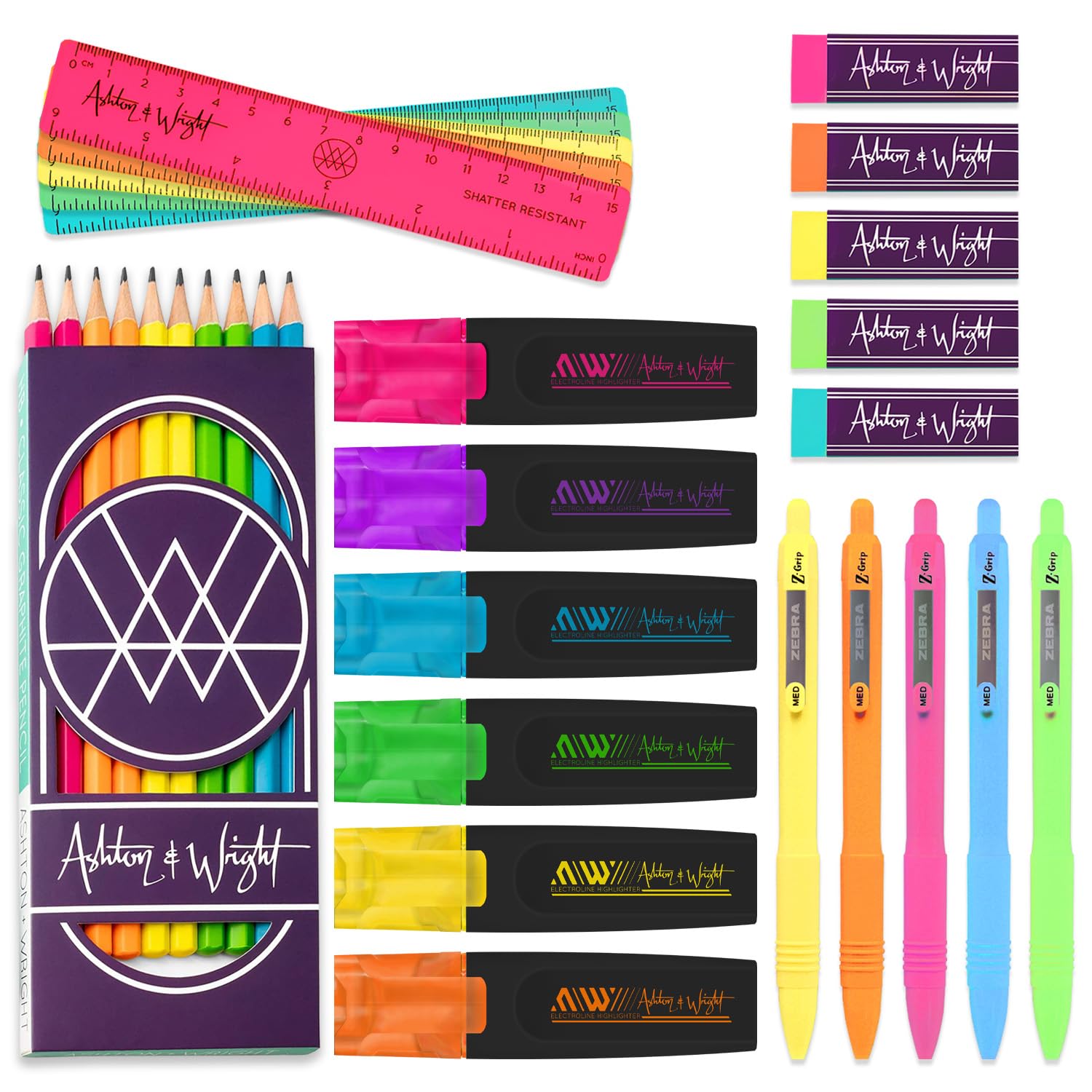 Ashton and Wright - ElectroLine Highlighters, Classic HB Pencils, 15cm Rulers, Erasers, Z-Grip Smooth, Single-Hole Sharpeners - Stationery Set of 36 (Neon)