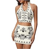 MakeMeChic Women's 2 Piece Skirt Set Cowboy Chic Halter Linen Vacation Set Floral Embroidery Outfits