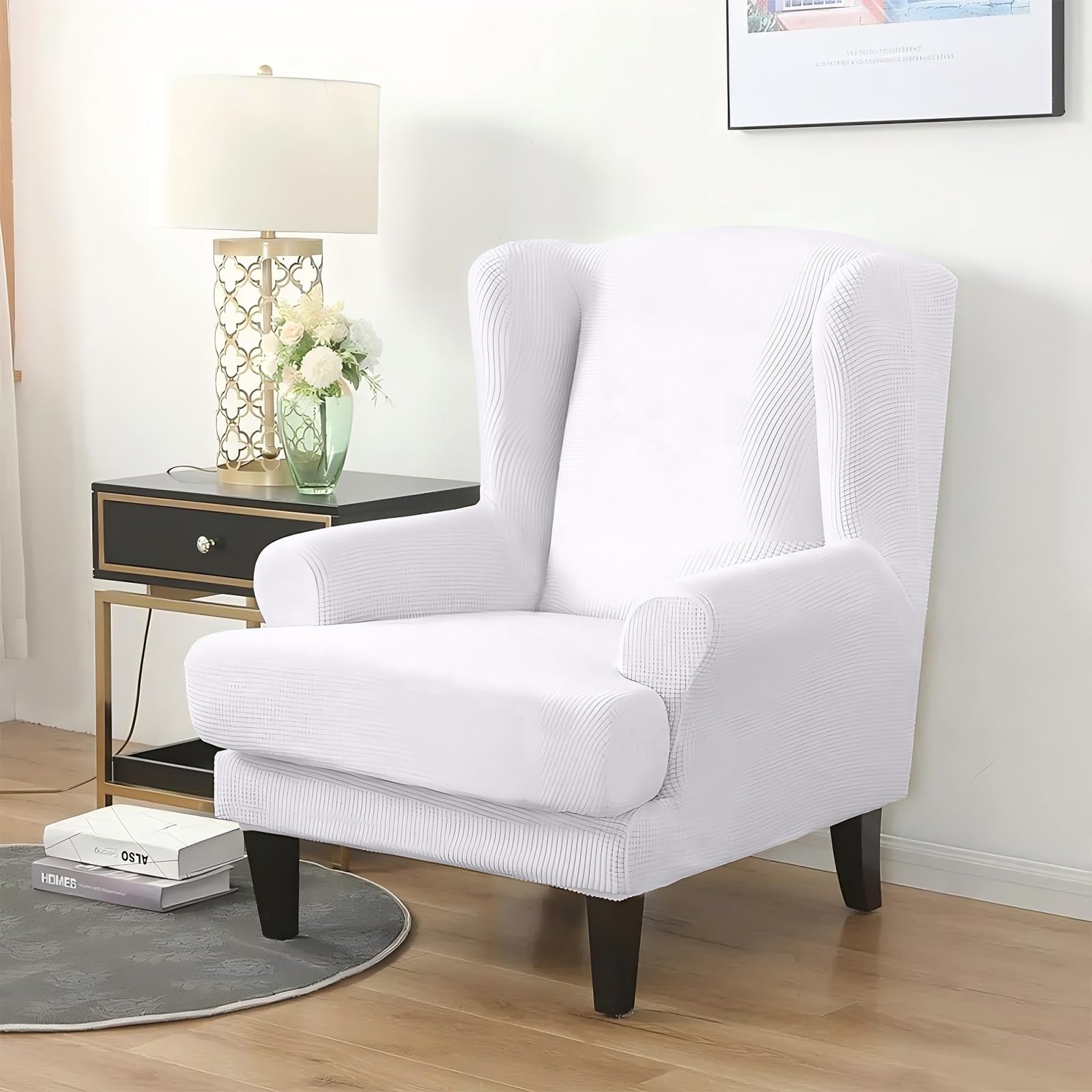 PETCUTE Wing Chair Slipcovers Armchair Covers With Ears Stretch Wing Chair Covers Jacquard Furniture Protector Pure White