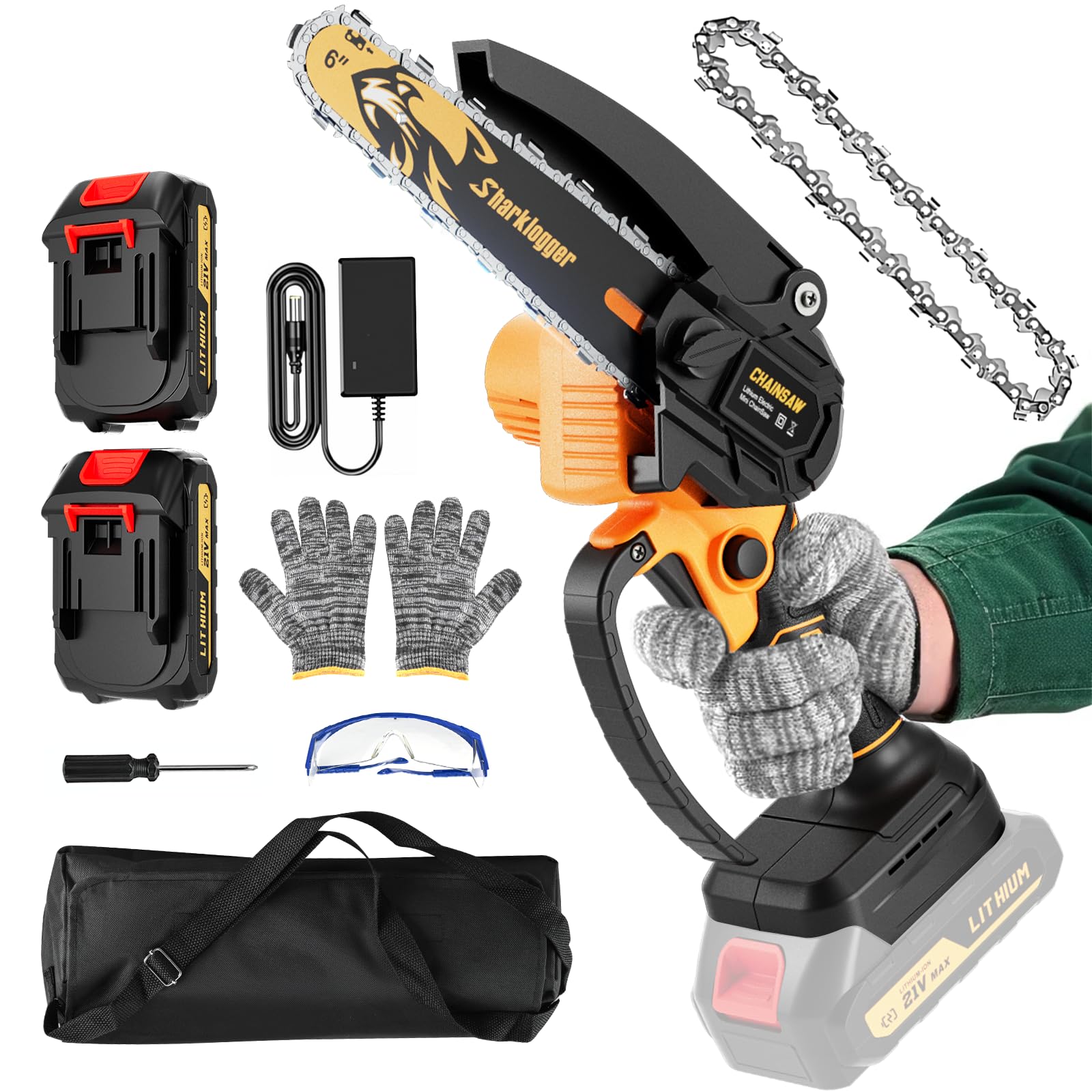 Photo 1 of Sharklogger Mini Chainsaw, 6-inch Cordless Electric Mini Chainsaw, Portable Handheld Chain Saw for Tree Pruning Shearsand Garden Maintenance, Best Father's Day Gift for Men Dad Husband?Yellow)