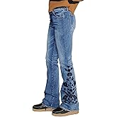Flamingals Embroidered Jeans for Women Mid Waist Casual Floral Embroidery Bottom High Stretch Bootcut Jeans