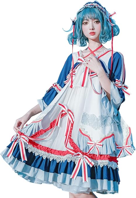 Amazon ロリータ ワンピース 長袖 セーラー風 コスプレ 姫 ドレス 可愛い ゆめかわいい 森ガール 女の子 ガールズ フリル リボン Cosplay Lolita 通勤 学園祭 文化祭 イベント デート 白 青 ワンピース ヘアアクセサリー L コスプレ 仮装 通販