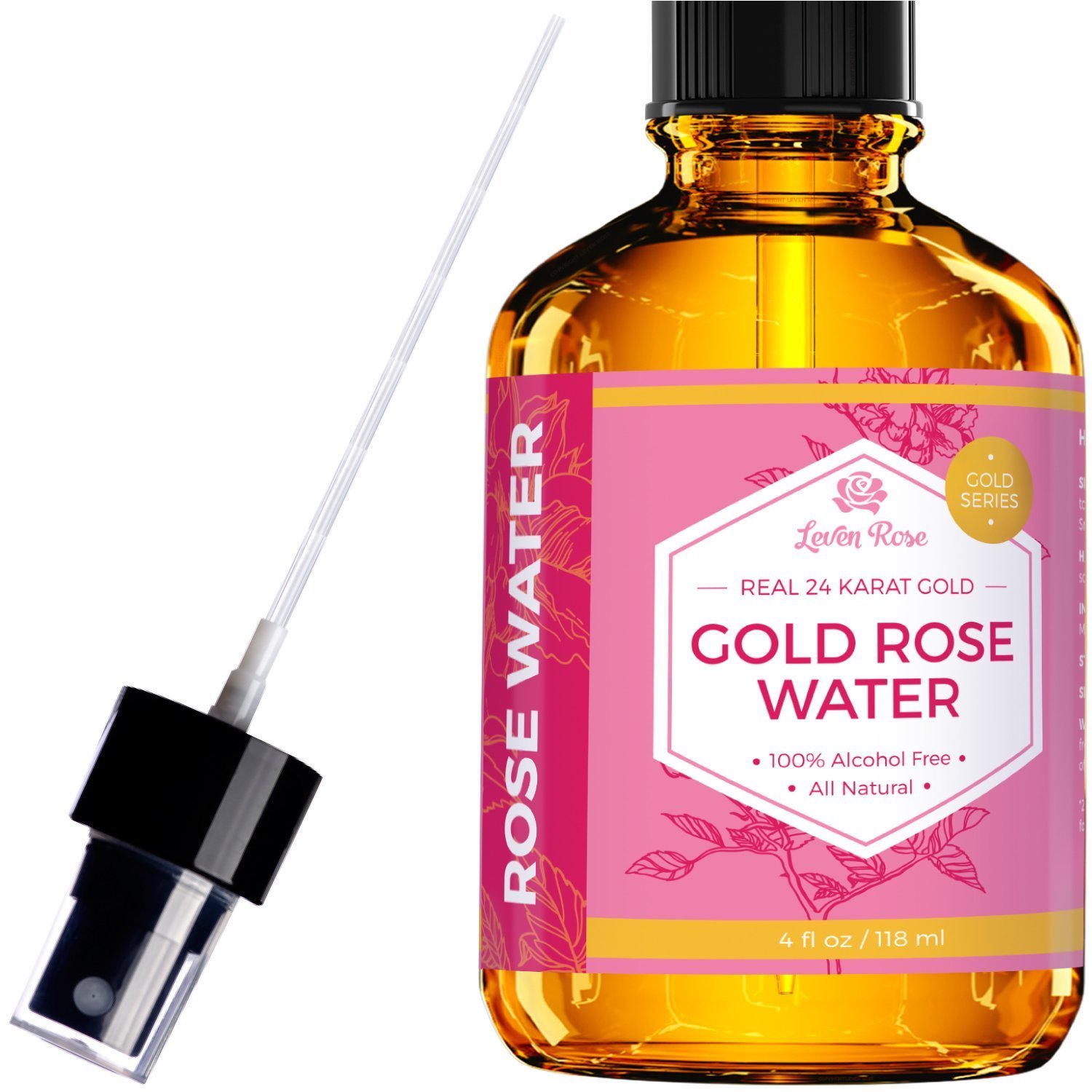 24 Karat Gold Rose Water Toner by Leven Rose Organic Natural Moroccan 24K Rosewater Toner 4 oz