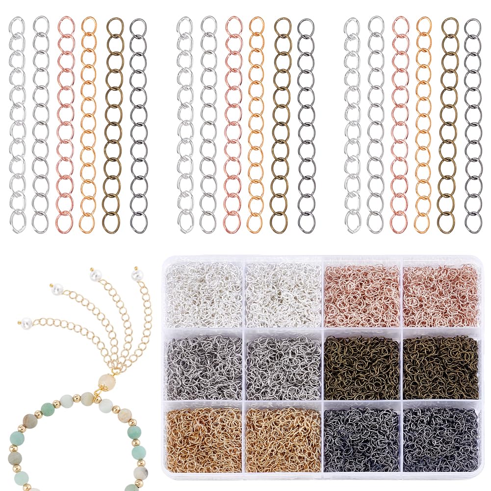 PH PandaHall 600pcs Extension Chain Bracelet Necklace Chain Short Chains for Jewellery Making, 6 Colours, 50 mm Long