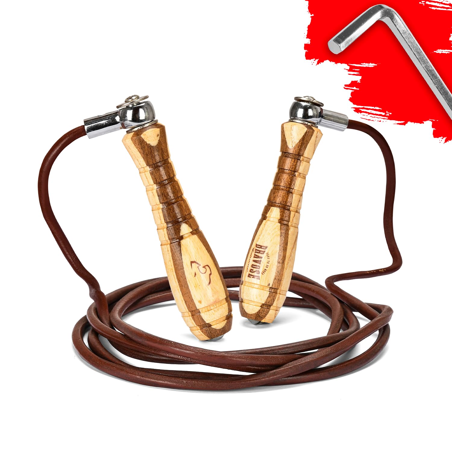 Bravose Weighted Leather Skipping Ropes for Adults Fitness | Wooden Handle Gym Jump Speed Ropes | Boxing, MuayThai, Kickboxing, Training, Exercise for Men & Women Fitness Accessories