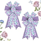 Hying 2 Pieces Spring Flowers Bows for Wreath, Spring Holiday Wreath Bows Purple Burlap Bows Floral Butterfly Gift Bows Farmhouse Craft Bows for Front Door Spring Birthday Party Decorations Supplies