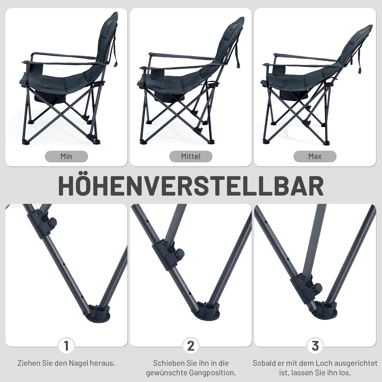 TIMBER RIDGE Campingstuhl Faltbar 180KG Rückenverstellbar in 3 Positionen Klappstuhl Gepolsterter Angelstuhl Übergroß Sitzbreite 62cm mit Seitentasche Getränkehalter 3