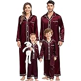 SWOMOG Family Matching Pajama Satin Pajamas Long Sleeve Sleepwear Button Down Loungewear 2 Pcs Pj Set