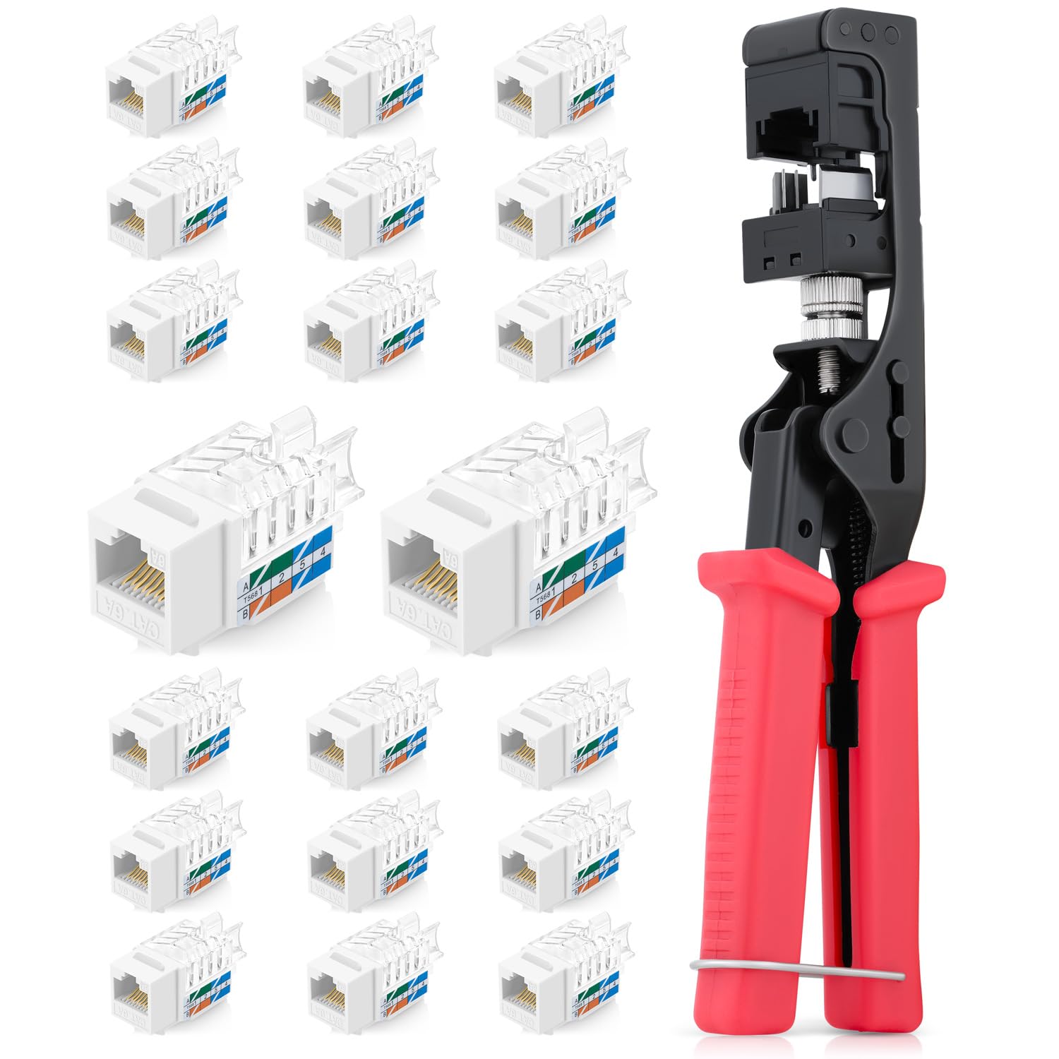 Photo 1 of Everest easyJACK - 45° Angled Speed Termination Keystone Tool Set - with 20-Pack of RJ45 Cat6A Keystone Jacks in White (Slim Profile Design) - Time Saver Network Punch Down Tool Cat6A