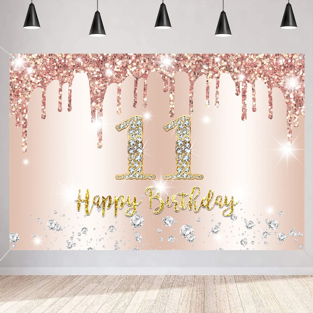 11th Birthday Decoration for Girls, Happy 11th Birthday Backdrop Banner Rosegold Fabric Sign Poster, 11 Years Old Party Supplies DPhoto Background Welcome Sign, 150 cm x 90 cm