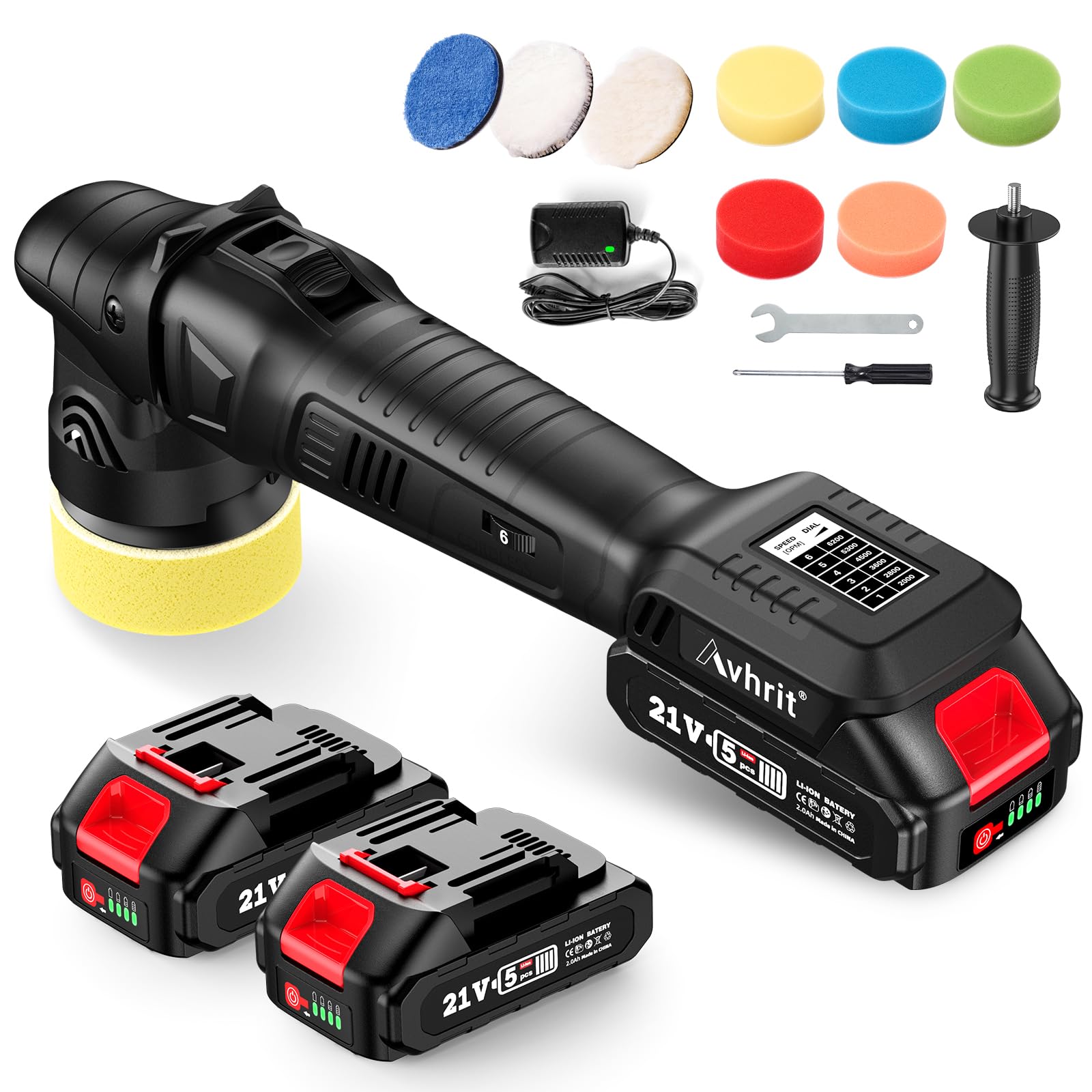【2025新型】Avhrit 電動ポリッシャー 車用ミニポリッシャー コードレスポリッシャー 充電式 ダブルアクション 75mm 小型 バッテリー2個付属 18v対応 6段階変速 豊富な付属品 車磨き ワックスがけ商品画像