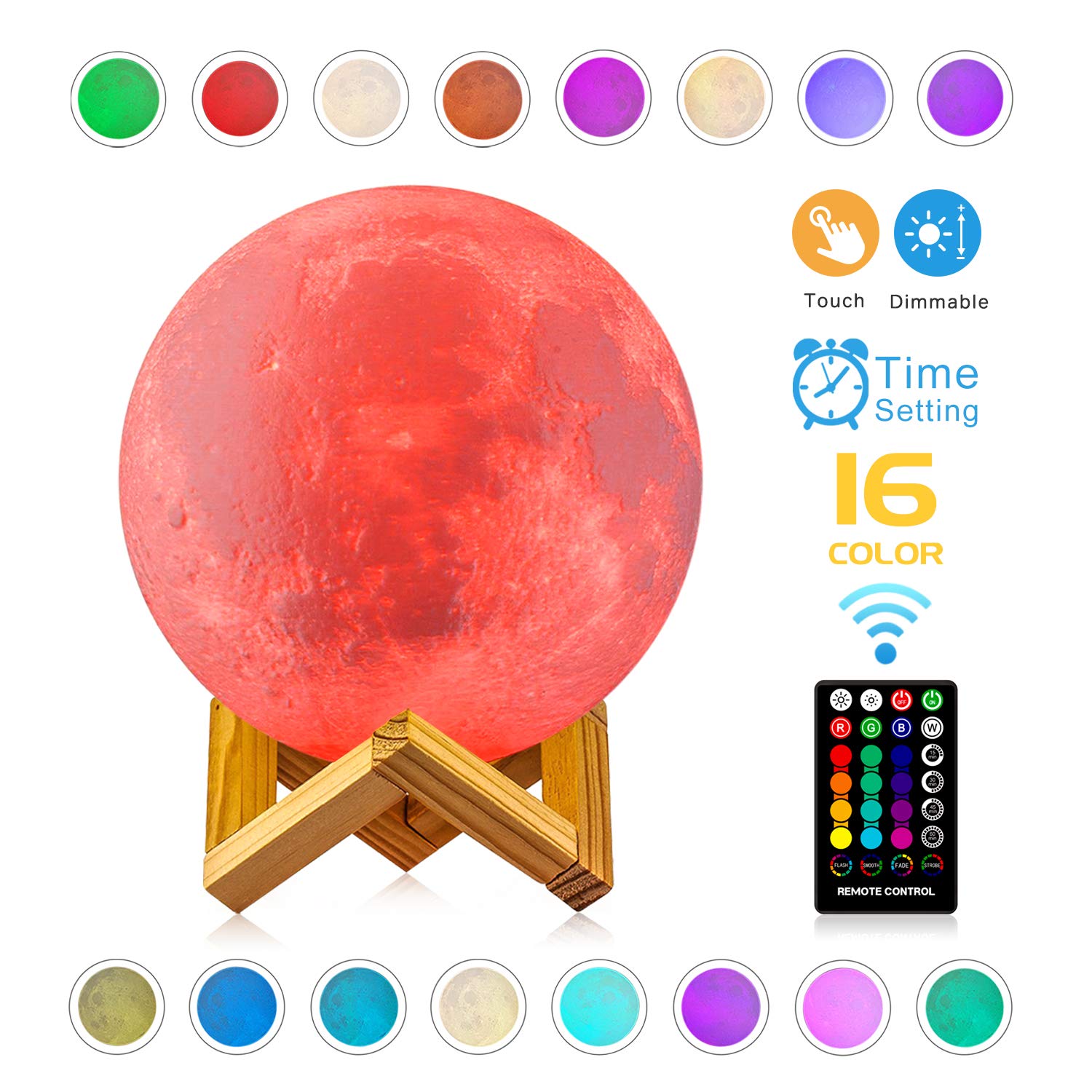 3D Moon Lamp - 16 LED Colors, Dimmable, Rechargeable Lunar Night Light (Large, 5.9 inch) Full Set with Wooden Stand, Remote & Touch Control - Cool Nursery Decor for Your Baby, Kids, Christmas Gifts