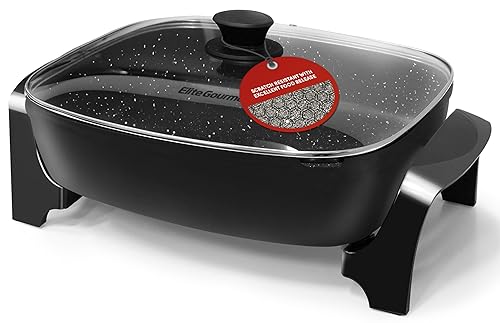 Elite Gourmet EG6203 Extra Deep 16"x13"x3.2" (10.5Qt.) Scratch Resistant, Easy Pour Spout, Dishwasher Safe, Non-stick Electric Skillet with Vented Glass Lid, Adjustable Temperature, Black