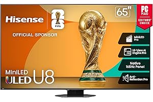 Hisense 65" Class U8 Mini-LED ULED 4K UHD Google Smart TV (65U8QG, 2025 Model) - QLED, Native 165Hz, VRR 288, Up to LD5600, 5000 Nits, HDR10+, Dolby Vision IQ · Atmos, IMAX Enhanced, 4.1.2 Ch Audio