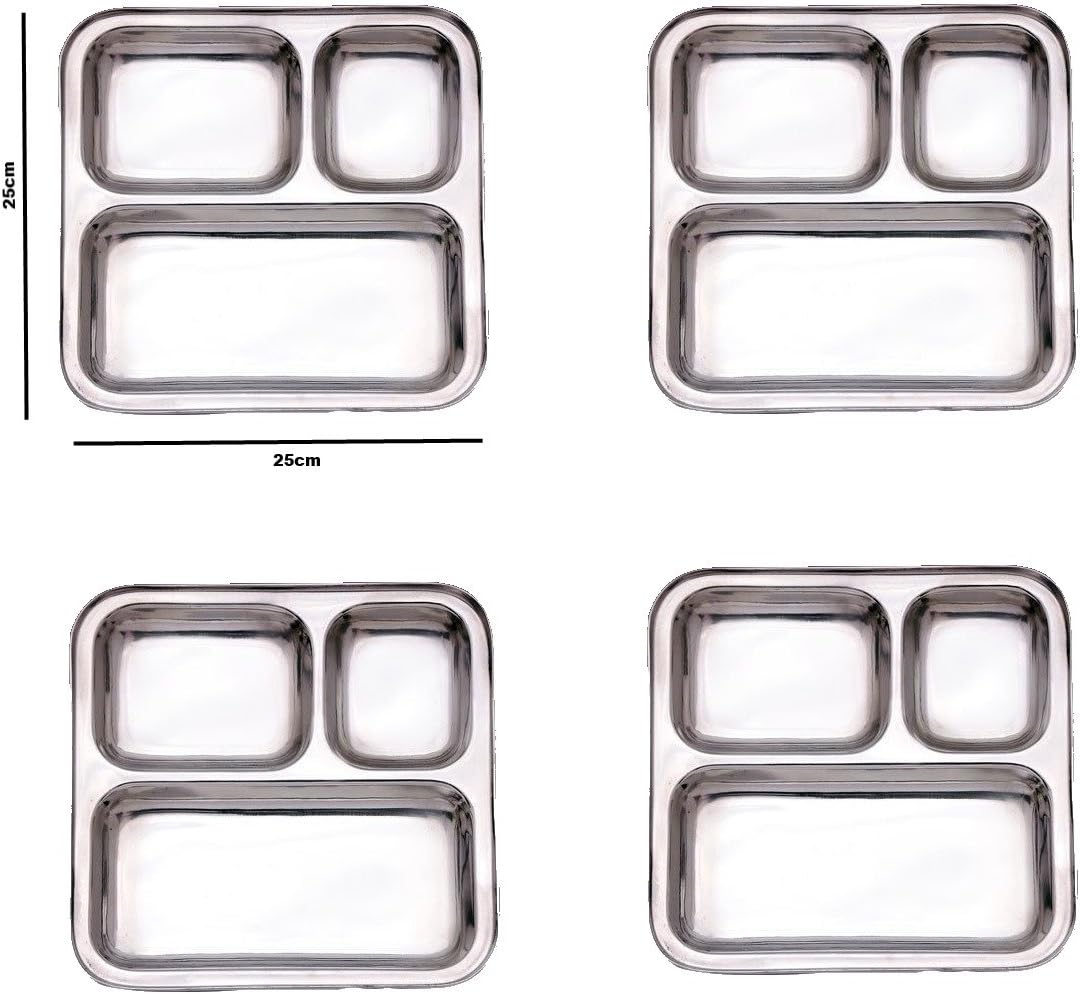 Stainless Steel Square 3 Compartment Dish Indian Thali Plate Dish Camping Bhojan (4pc)