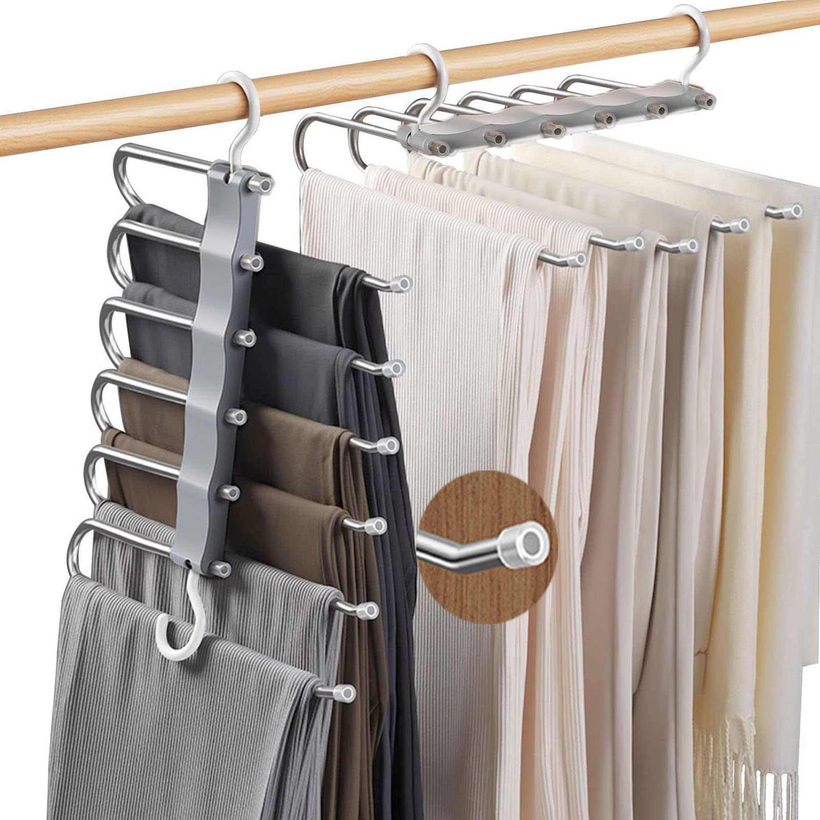 JOOVCC 2 Pack Trouser Hangers Space Saving,6 in 1 Space Saving Hangers for Wardrobes,Pants Hangers Non-Slip Closet Organizer for Scarfs Jeans Clothes Trousers Towels (Grey).