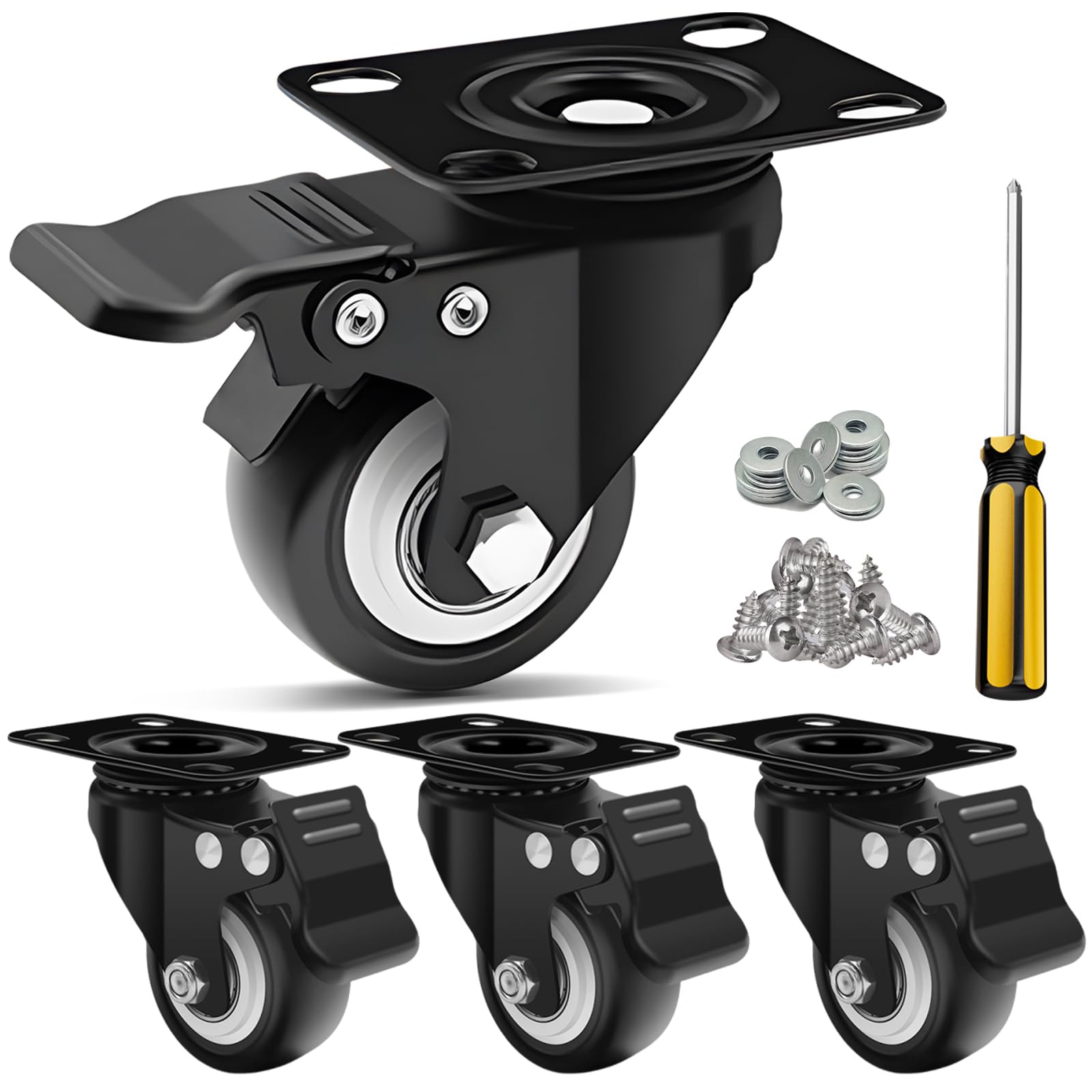 Photo 1 of 2 Inch Heavy Duty Casters 4 Sets of - Plate Casters with Brake, Bearing 600 pounds, 360 Degree Noiseless Rotating Wheels, Polyurethane (PU) Wheels for Furniture, Carts, Cabinets, Workbenches - Black