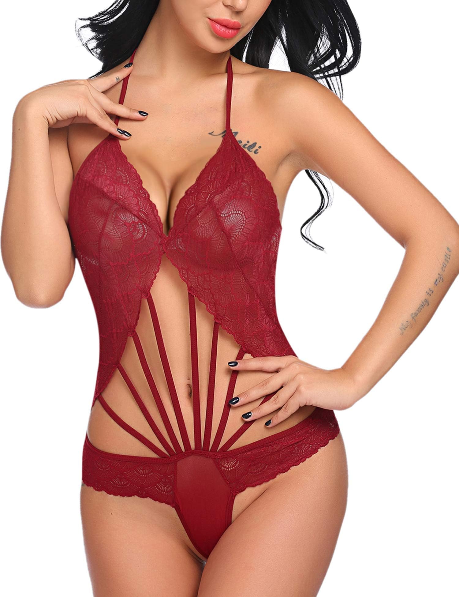 Women Lingerie One Piece Lace Teddy Sexy Babydoll Bodysuit Deep V Outfits