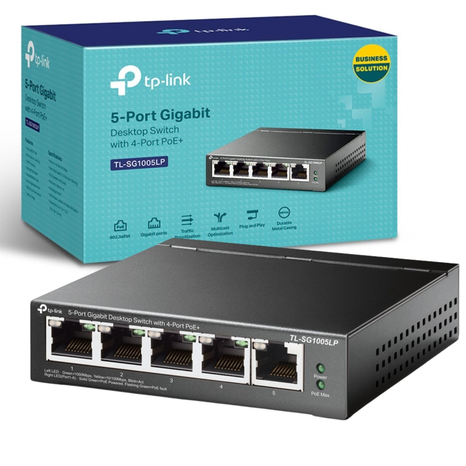 TP-Link TL-SG1005LP 5 Port Gigabit PoE Switch, 4× Gigabit PoE+ Ports, 802.3af/at 30W, 40W Total Budget, Network switch, Power Saving, Plug & Play, Metal Case, Ethernet Switch, Ethernet Splitter