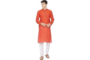 PAROKSH Men's Cotton Kurta Indian Kurta Classic Mandarin Collar Full Sleeves Side Split Ethnic Wear for Wedding