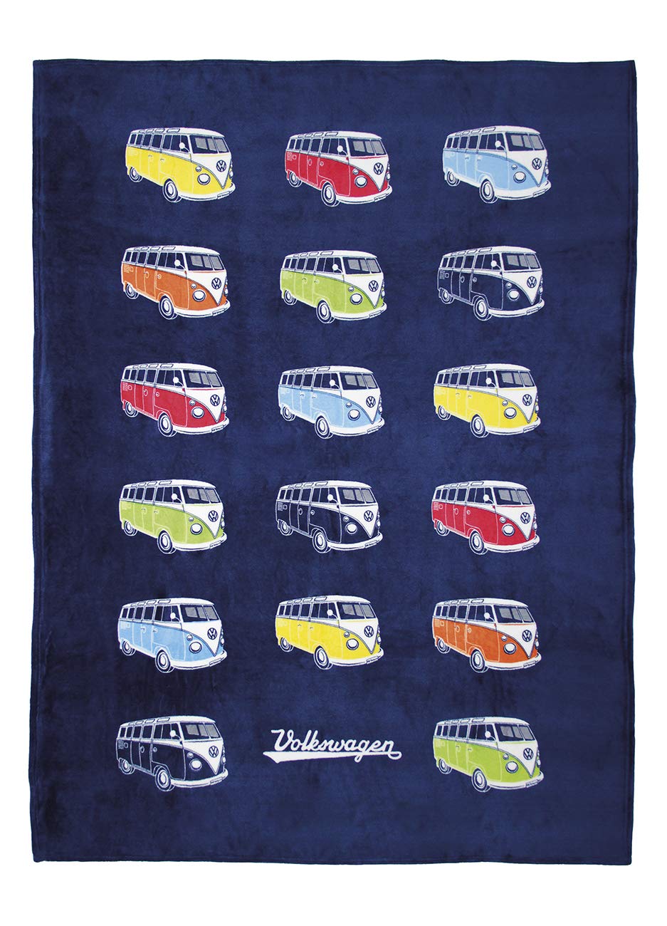 BRISA VW Collection - Volkswagen Soft Cuddly fluffy Fleece Blanket throw in T1 Bus & Beetle Design (150x200 cm/59x78.7 in.) (Bus/Parade/Blue)