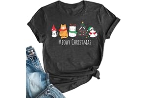MEESHEEP Christmas Shirts Women Meowy Christmas Tshirt Cute Cat Xmas Tee Cat Lover Gifts Holiday Shirt