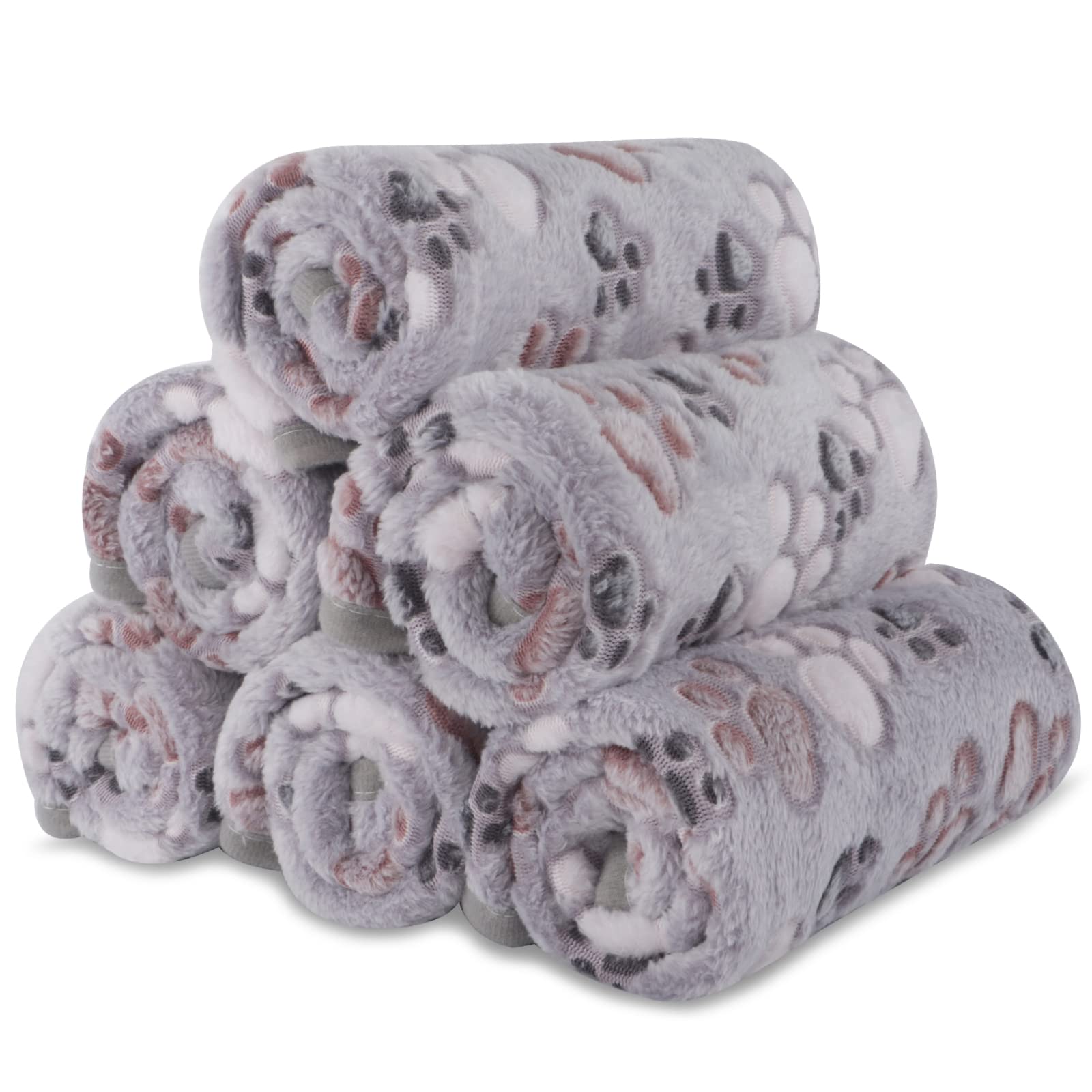 BVAGSS 6 Pack Small Dog Blanket, Super Soft Warm Pet Cover Blankets, Paw Print Puppy Fleece Flannel Blanket for Small Medium Dogs and Cats XH075 (76 x 52 cm, Grey)