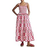 Women Summer Smocked Flowy Dress Spaghetti Strap Square Neck Floral Dress Ruffle Patchwork Boho A Line Midi Sun Dress