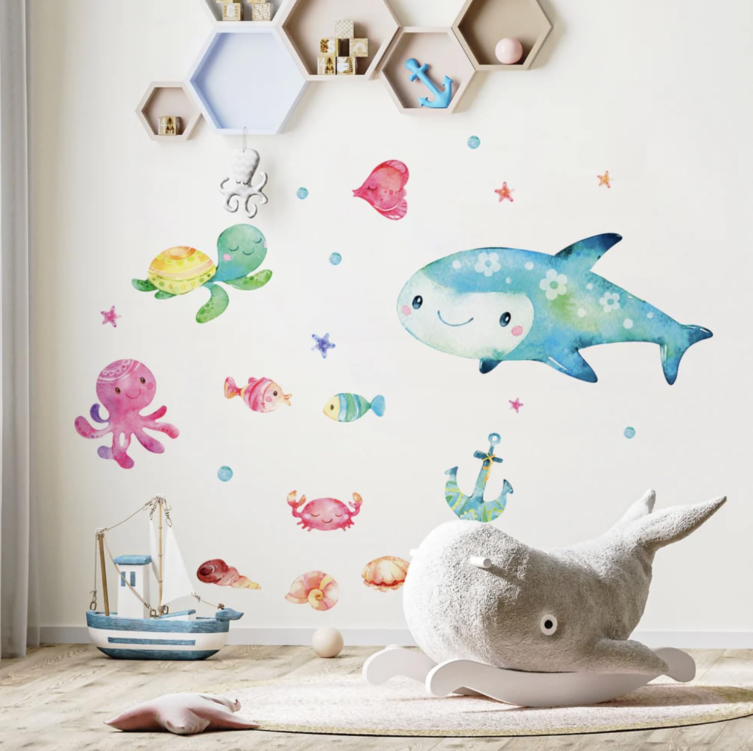 kina - R00602 Children's Wall Stickers Ecological and Hypoallergenic Soft Fabric Effect Repositionable Sea Fish Decoration Wall Decoration Newborn Nursery Nursery Wallpaper – Size 100 x 30 cm
