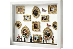 DIY Mini Museum Silhouette Box, Upgrade Shadow Box Frame Kit with 11 Mini Frames, 8 Miniature Figurines & Light, Custom Photo