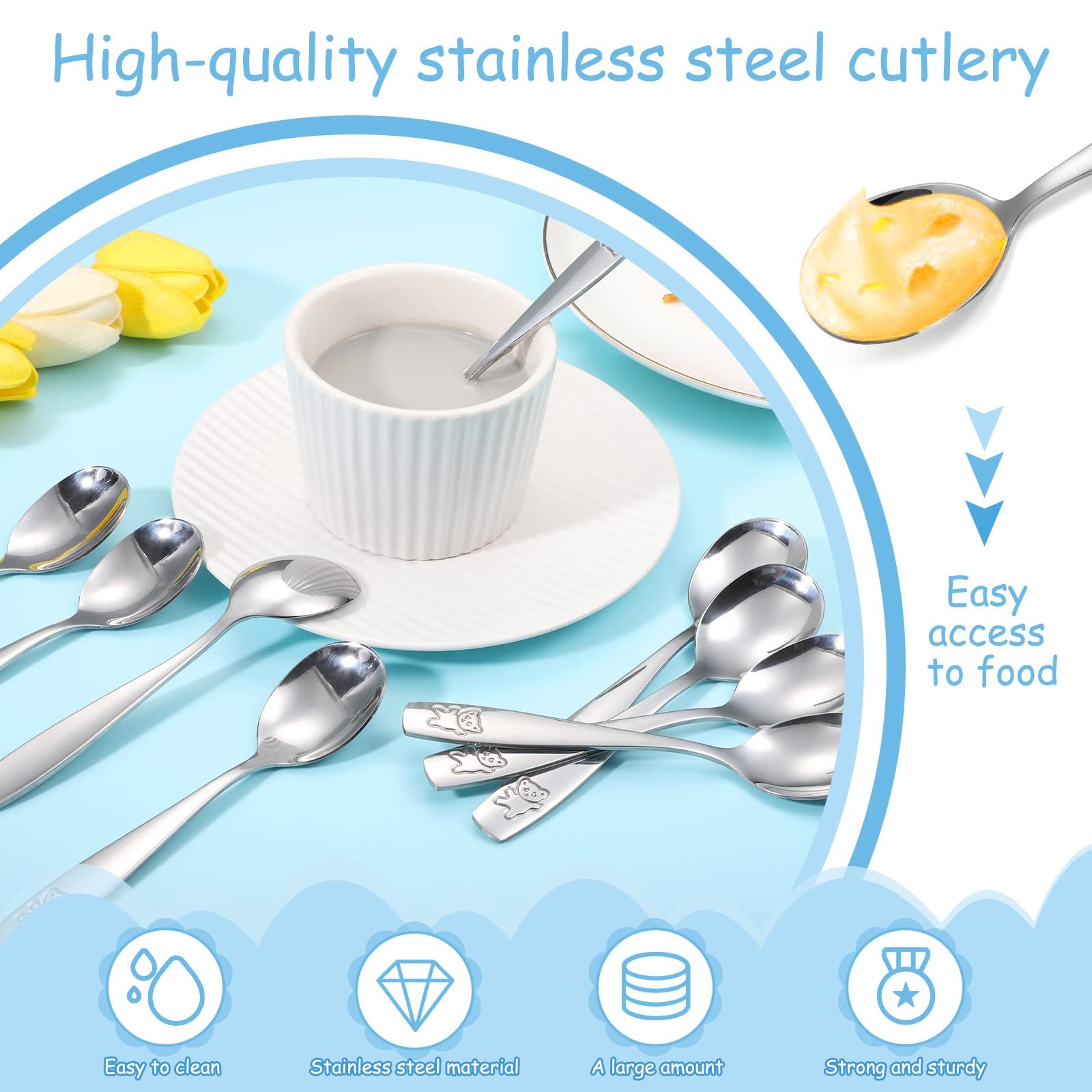Pimoys 9 Pieces Toddler Spoons Kids Spoons, Kids Silverware Stainless Steel Toddler Utensils Metal Kids Cutlery Set Baby and Children Safe Flatware, Perfect for Small Hands
