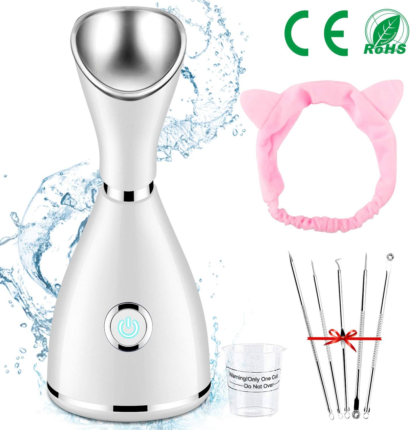 Nano Ionic Facial Steamer, Aiemok Upgraded Facial Steamer Home Facial SPA Face Sauna Hot Mist Moisturizing Sprayer Moisturizing Cleansing Pores with Hair Band & Stainless Steel Skin Kit (pink)