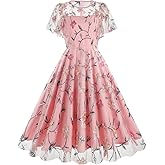 Flutter Sleeve Flower Embroidered Homecoming Dress for Women Flower Embroidery Tulle Prom Dress Floral Embroidery Dress Sheer Mesh Illusion Vintage Cocktail Party Dress Formal Evening Dress Pink S
