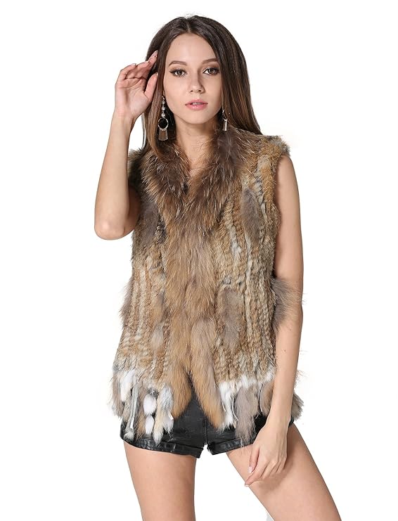 MEEFUR Kaninchenfell Westen mit Waschbär Pelzkragen Frauen Winter Herbst Gilets Echtfell Gestrickte Weste